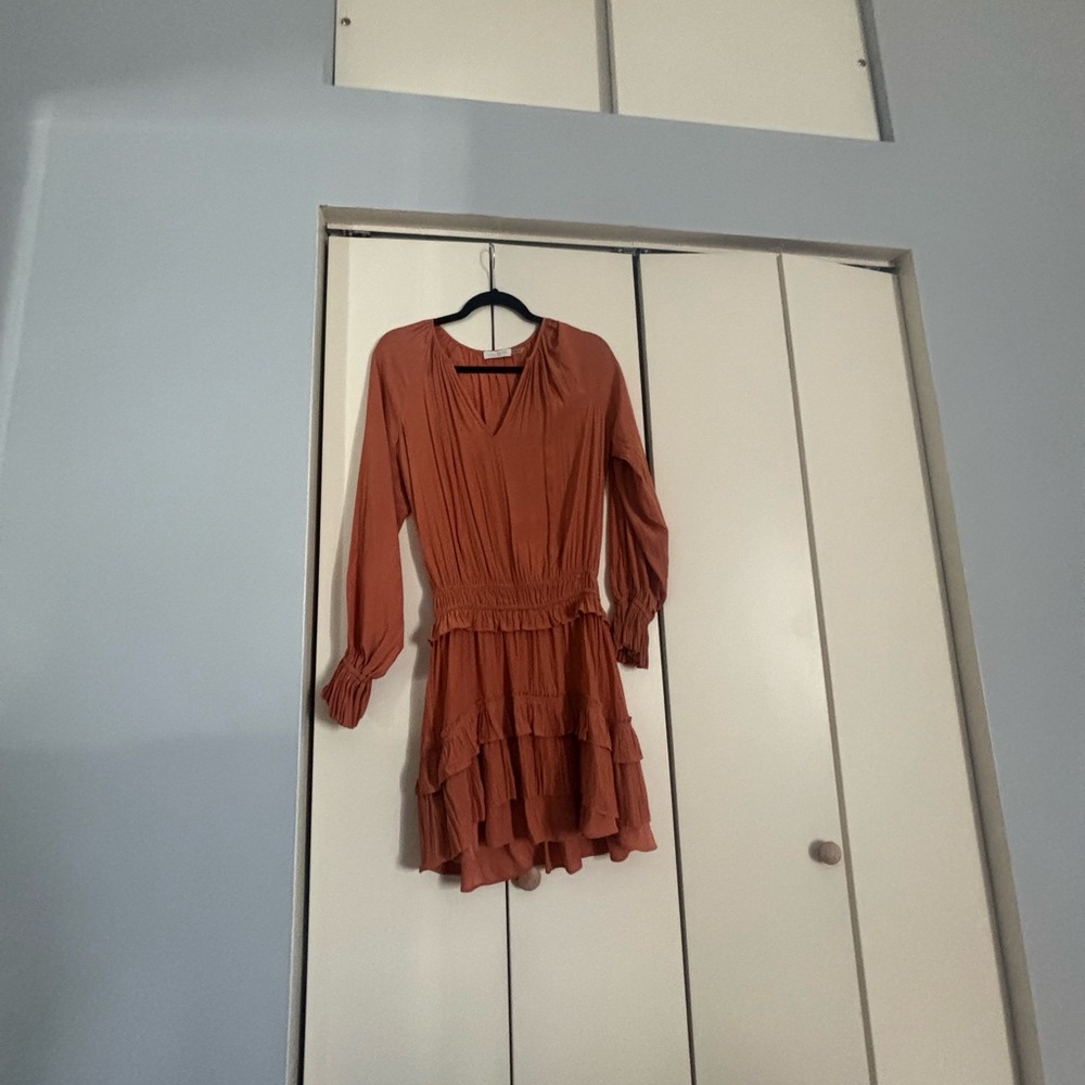 Ramy Brook Orange Long-Sleeve Tiered V-Neck Dress